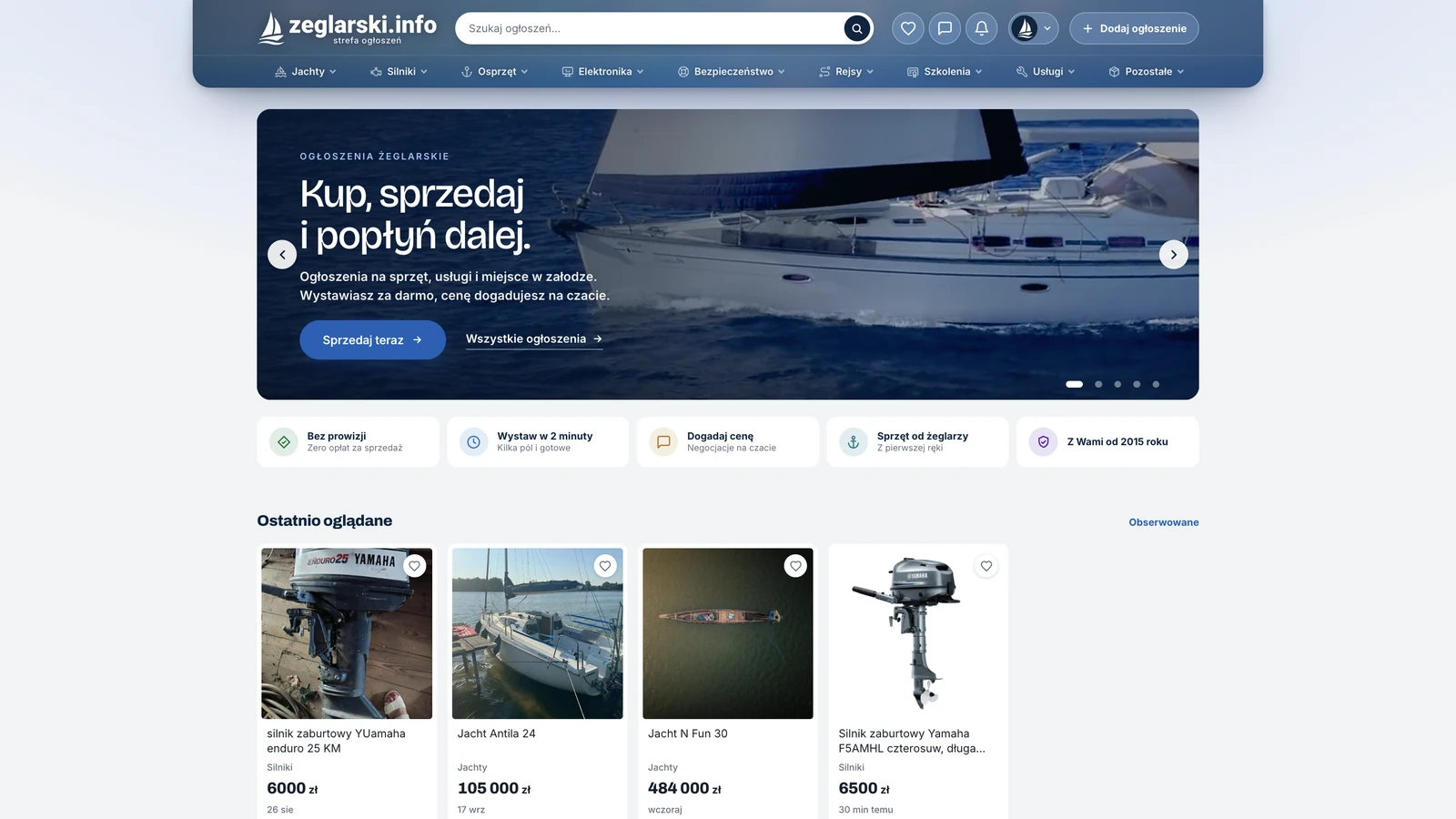 Strona główna giełdy ogłoszeń zeglarski.info z hasłem Kup, sprzedaj i popłyń dalej oraz paskiem działów