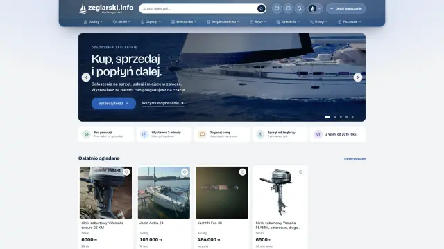 Strona główna giełdy ogłoszeń zeglarski.info z hasłem Kup, sprzedaj i popłyń dalej oraz paskiem działów