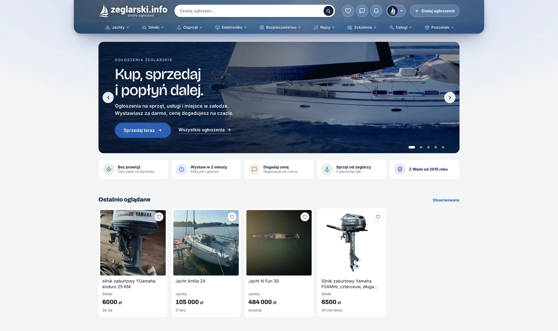 Strona główna giełdy z paskiem działów jachty, silniki, osprzęt, elektronika, bezpieczeństwo, rejsy, szkolenia, usługi i pozostałe oraz kartami ogłoszeń z cenami