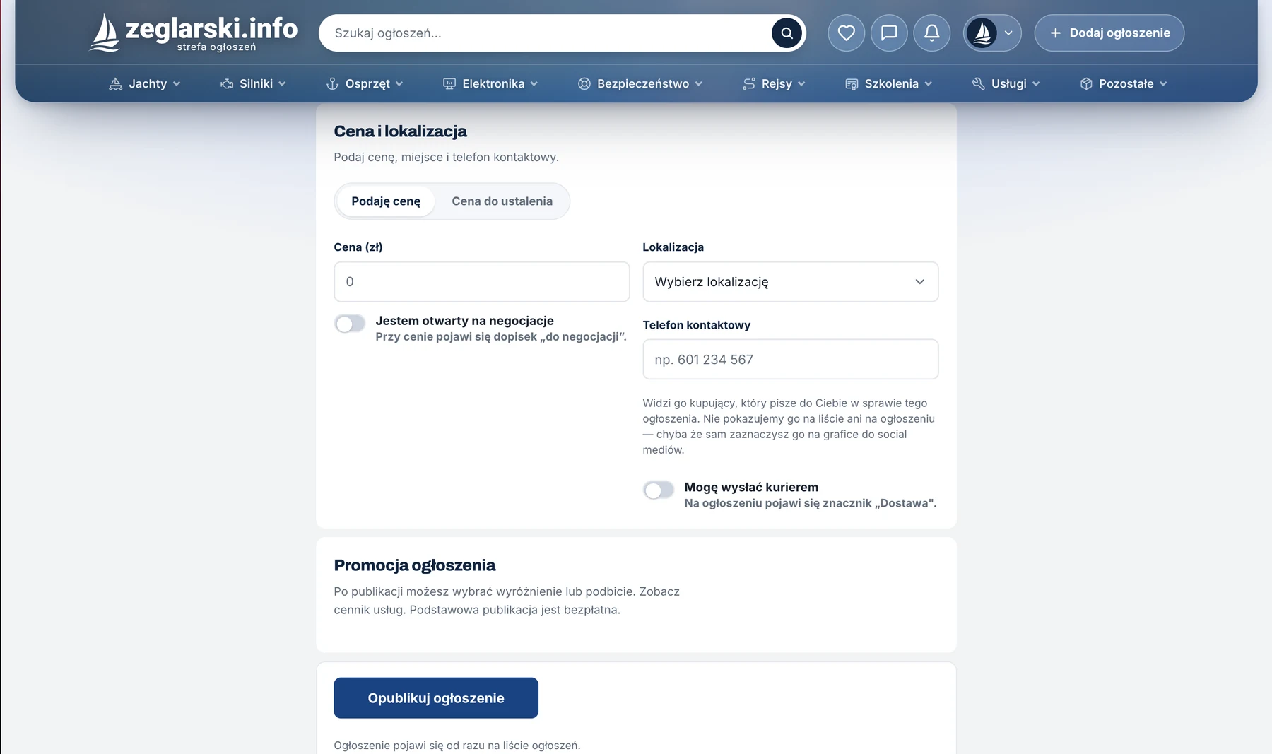 Sekcja formularza z ceną, lokalizacją, telefonem kontaktowym i przełącznikami negocjacji oraz dostawy