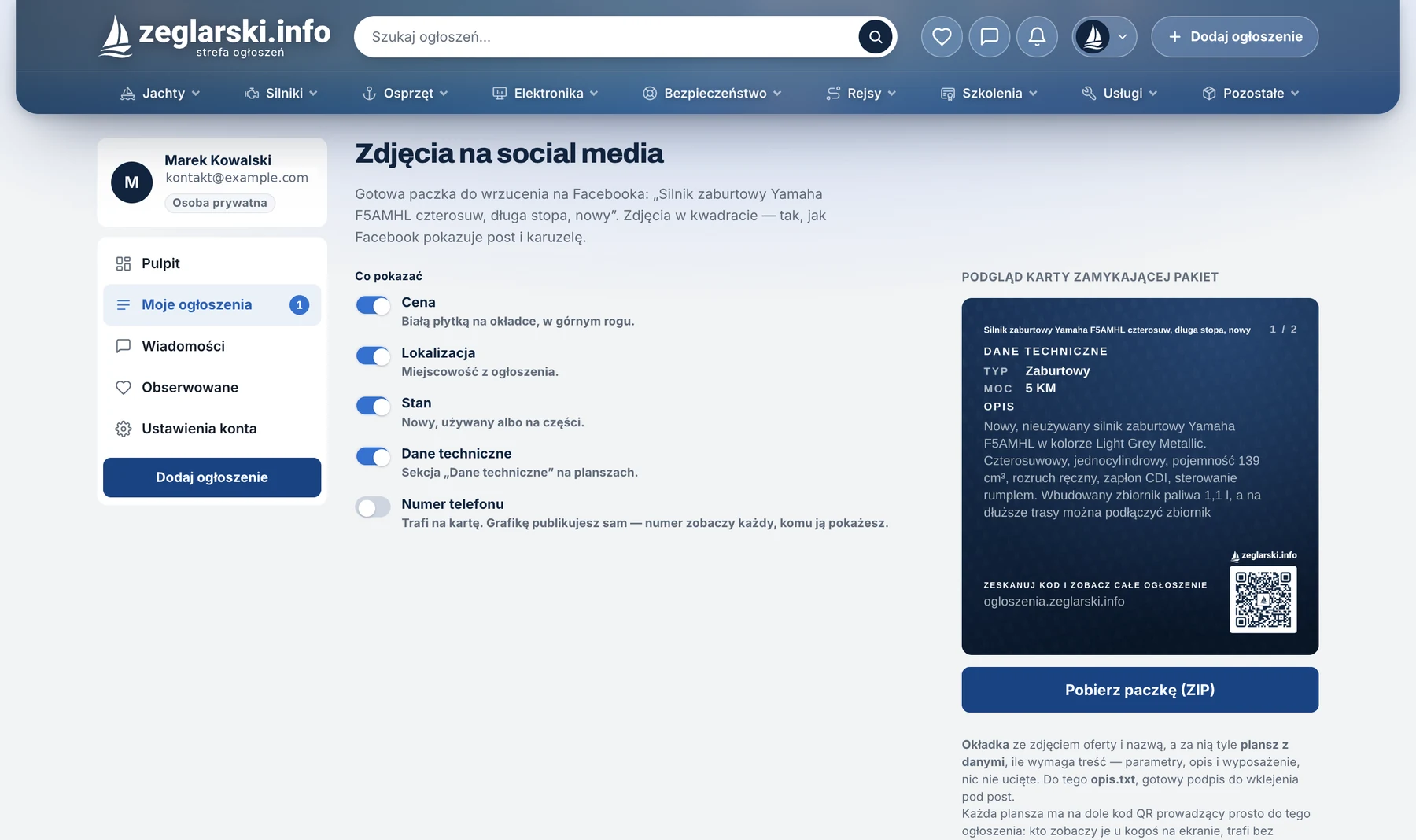 Panel generowania zdjęć na social media z przełącznikami ceny, lokalizacji, stanu, danych technicznych i numeru telefonu