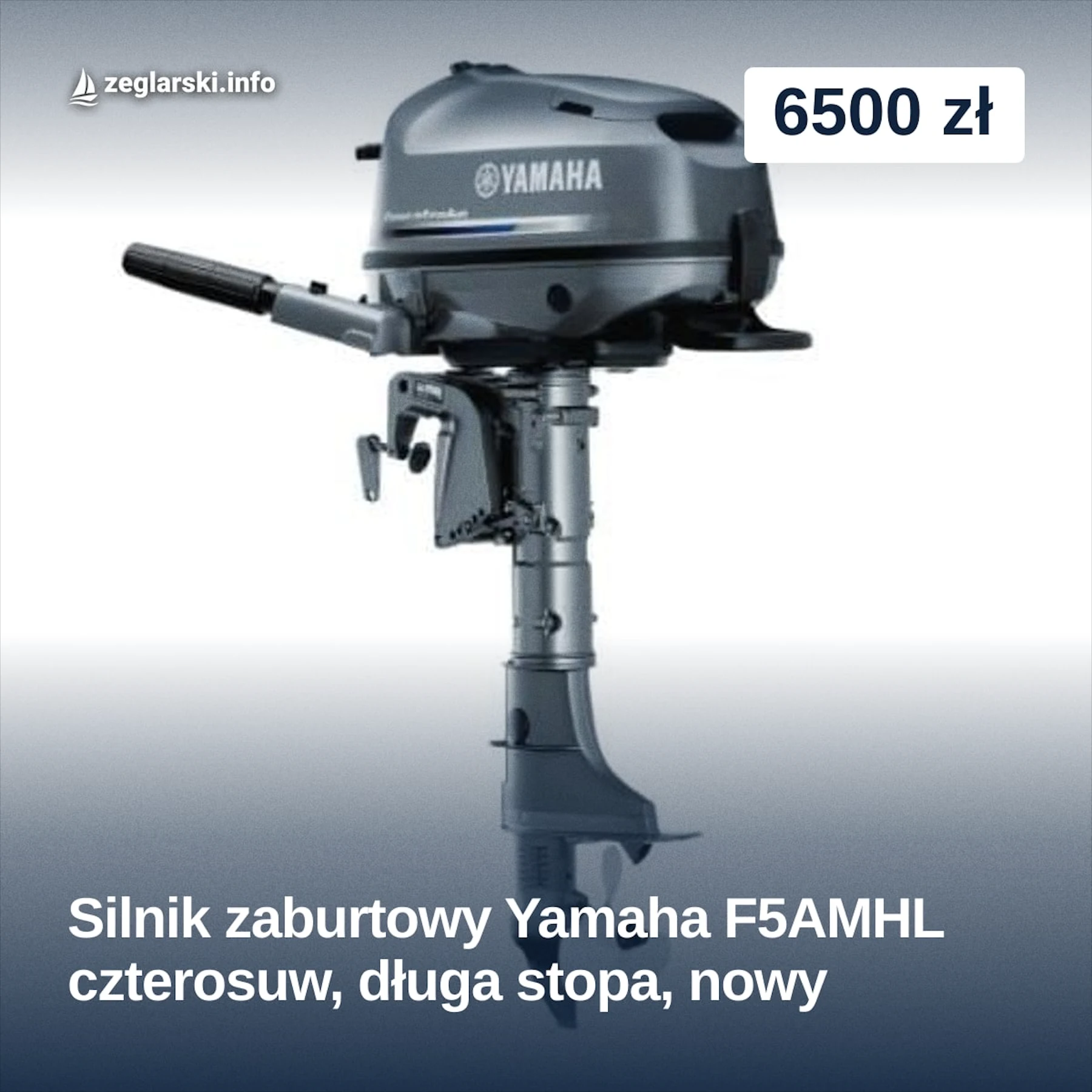 Kwadratowa grafika na Facebooka ze zdjęciem silnika zaburtowego, nazwą oferty i ceną