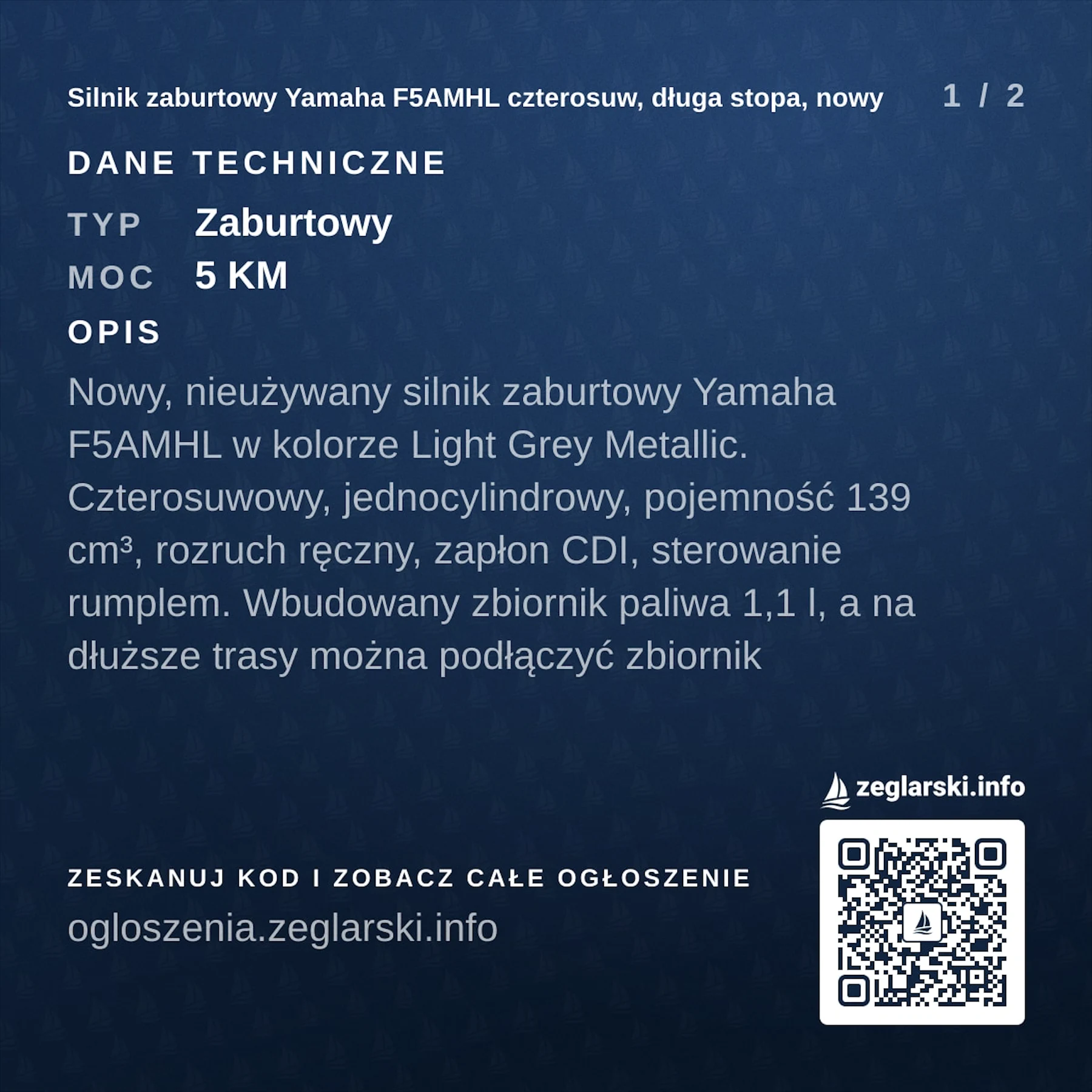 Granatowa plansza z danymi technicznymi silnika, opisem oferty i kodem QR do ogłoszenia