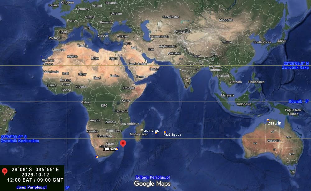 Mapa świata z pinezką pozycji jachtu Meteor 29°09' S, 35°55' E na wschód od Durbanu