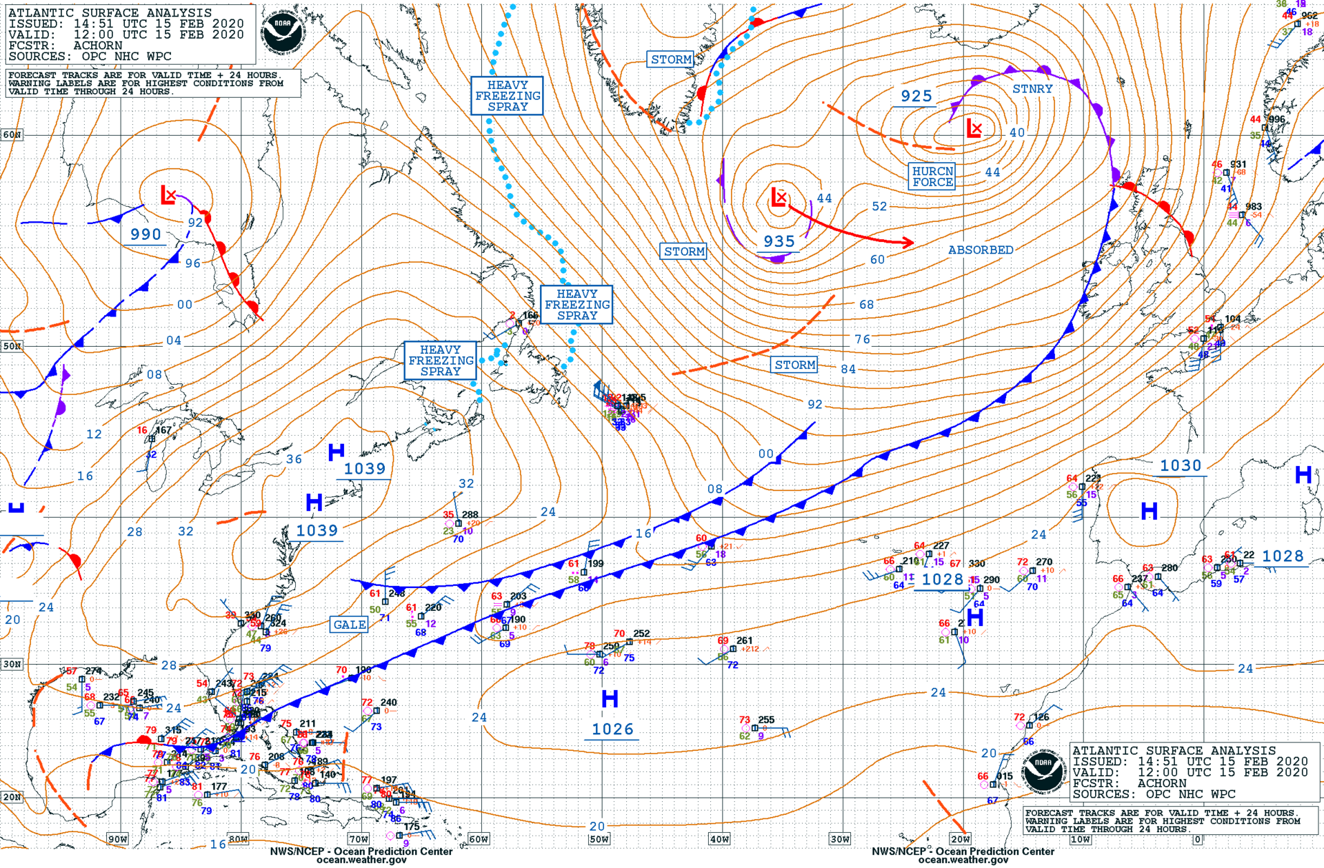 Mapa synoptyczna północnego Atlantyku z Ocean Prediction Center NOAA: izobary, fronty, głębokie niże i ostrzeżenia sztormowe