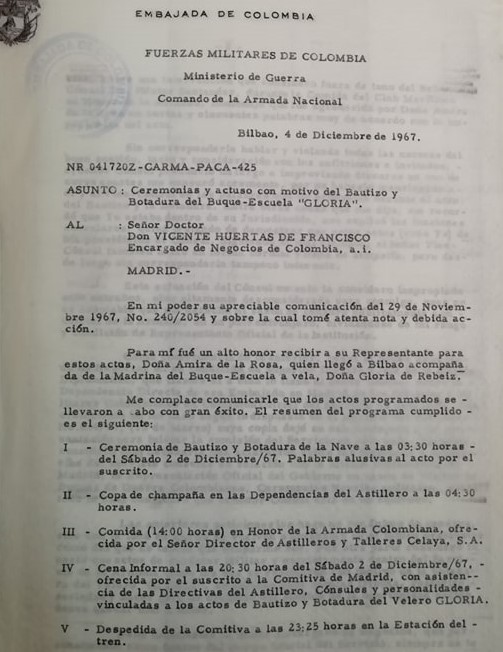 Raport ambasady Kolumbii z 4 grudnia 1967 roku o chrzcie i wodowaniu barku Gloria w Bilbao