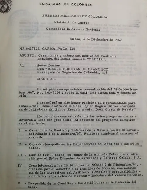 Raport ambasady Kolumbii z 4 grudnia 1967 roku o chrzcie i wodowaniu barku Gloria w Bilbao