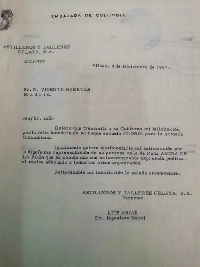 List dyrektora stoczni Celaya z gratulacjami po wodowaniu barku Gloria
