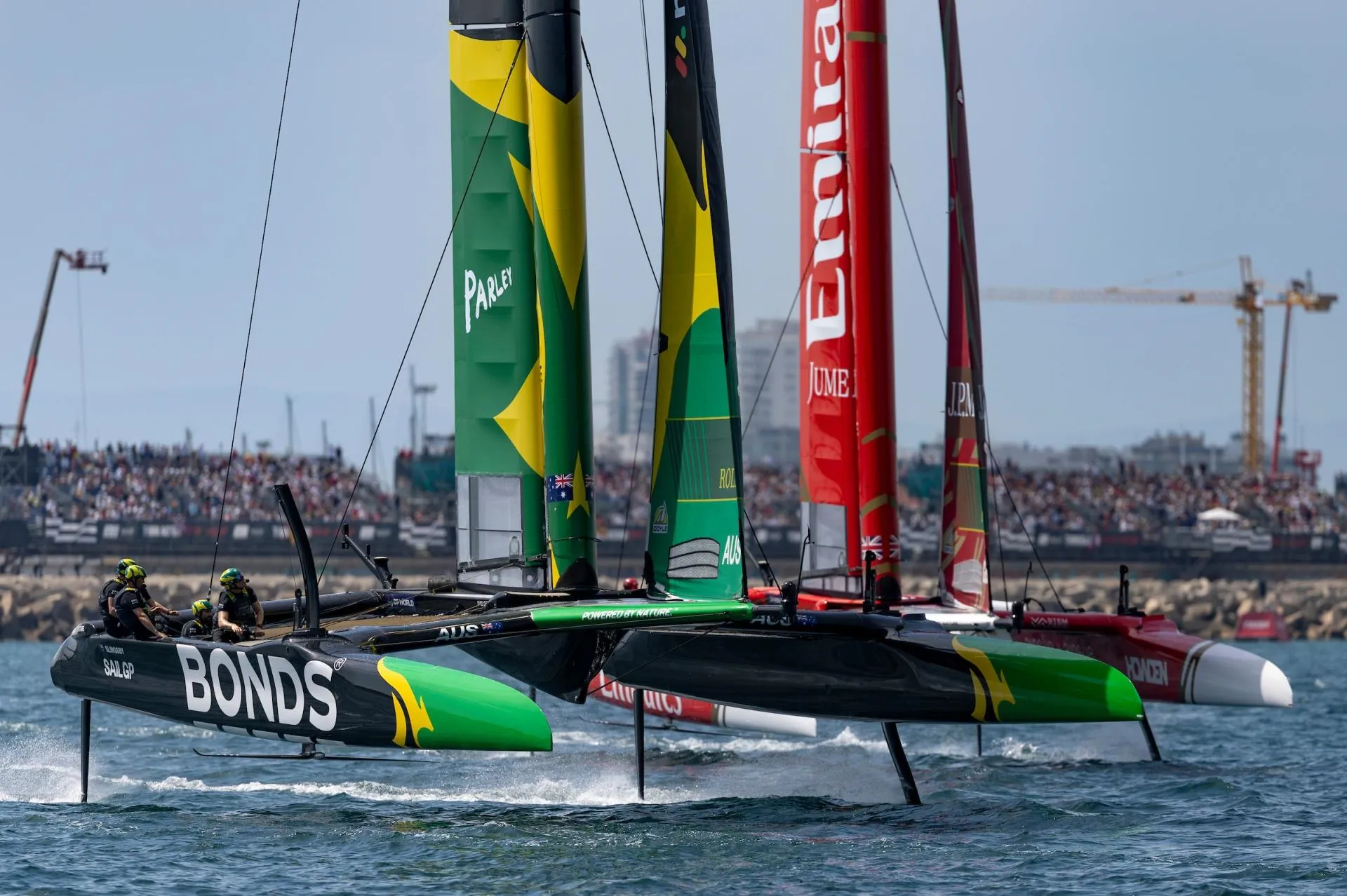 BONDS Flying Roos SailGP Team driven by Tom Slingsby leads Emirates Great Britain SailGP Team on Race Day 1 of the Spain Sail Grand Prix in Valencia, Spain