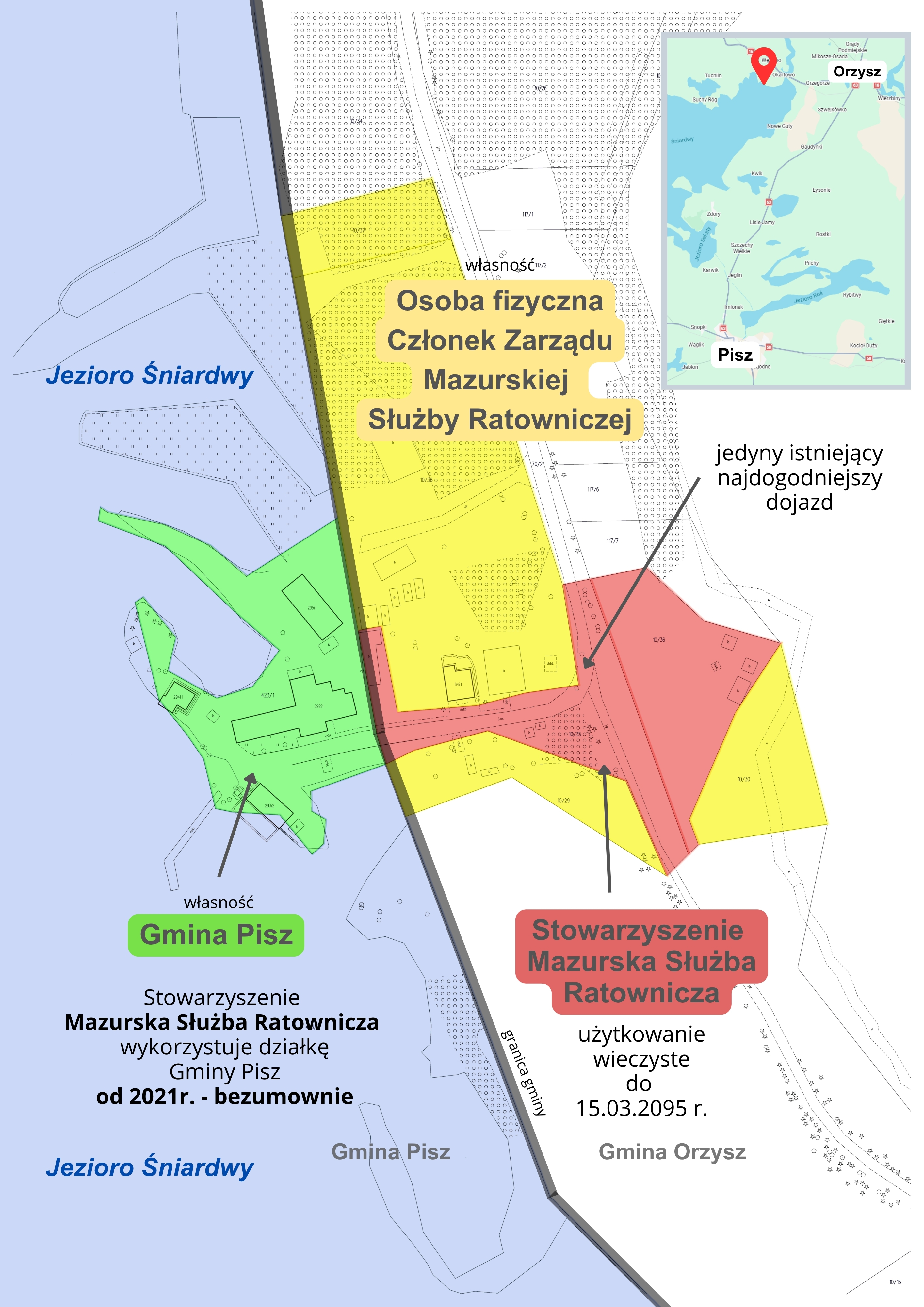 Mapa własności terenu bazy Mazurskiej Służby Ratowniczej nad Śniardwami: działka gminy Pisz, grunt osoby fizycznej i teren stowarzyszenia