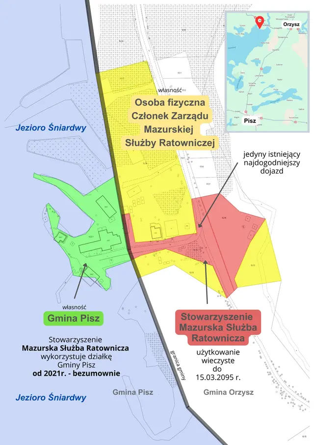 Mapa własności terenu bazy Mazurskiej Służby Ratowniczej nad Śniardwami: działka gminy Pisz, grunt osoby fizycznej i teren stowarzyszenia