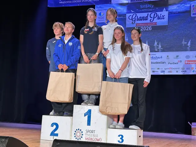 Załogi klasy 420 na podium kategorii U-17 podczas dekoracji w Mrągowie