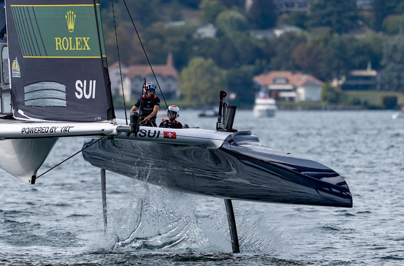 Explora Journeys Swiss SailGP Team driven by Sebastien Schneiter in action on Race Day 2 of the Switzerland Sail Grand Prix in Geneva, Switzerland