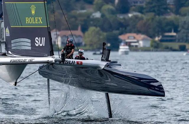 Explora Journeys Swiss SailGP Team driven by Sebastien Schneiter in action on Race Day 2 of the Switzerland Sail Grand Prix in Geneva, Switzerland