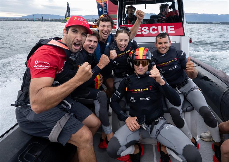 Los Gallos SailGP Team driven by Diego Botin celebrate on a SailGP rescue boat after winning the final race on Race Day 2 of the Switzerland Sail Grand Prix in Geneva, Switzerland