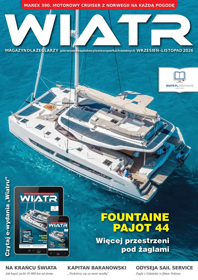 Okładka magazynu Wiatr na wrzesień-listopad 2026 z katamaranem Fountaine Pajot 44 na turkusowej wodzie