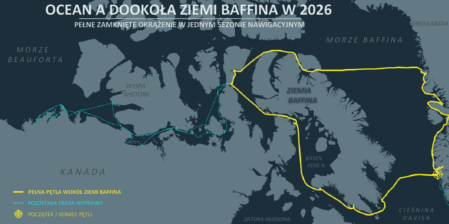 Mapa pełnego okrążenia Ziemi Baffina przez jacht Ocean A w sezonie 2026, z zaznaczoną pętlą i pozostałą trasą wyprawy.