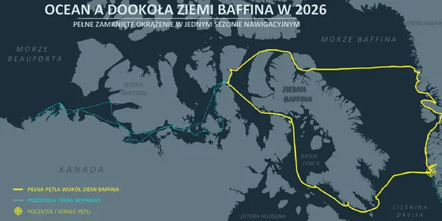 Mapa pełnego okrążenia Ziemi Baffina przez jacht Ocean A w sezonie 2026, z zaznaczoną pętlą i pozostałą trasą wyprawy.