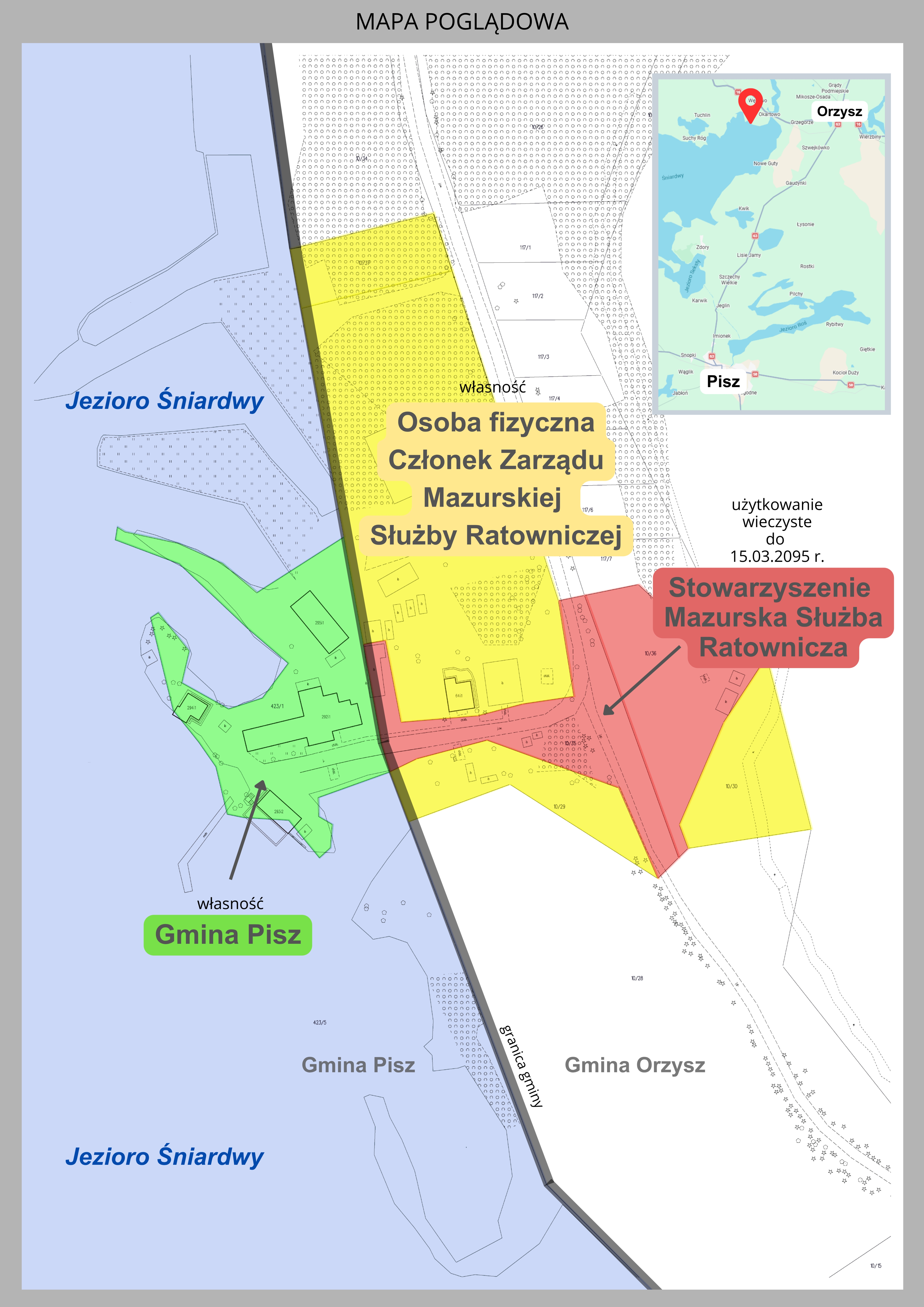 Mapa poglądowa brzegu jeziora Śniardwy z trzema kolorami działek: zieloną gminy Pisz, żółtą osoby fizycznej i czerwoną stowarzyszenia