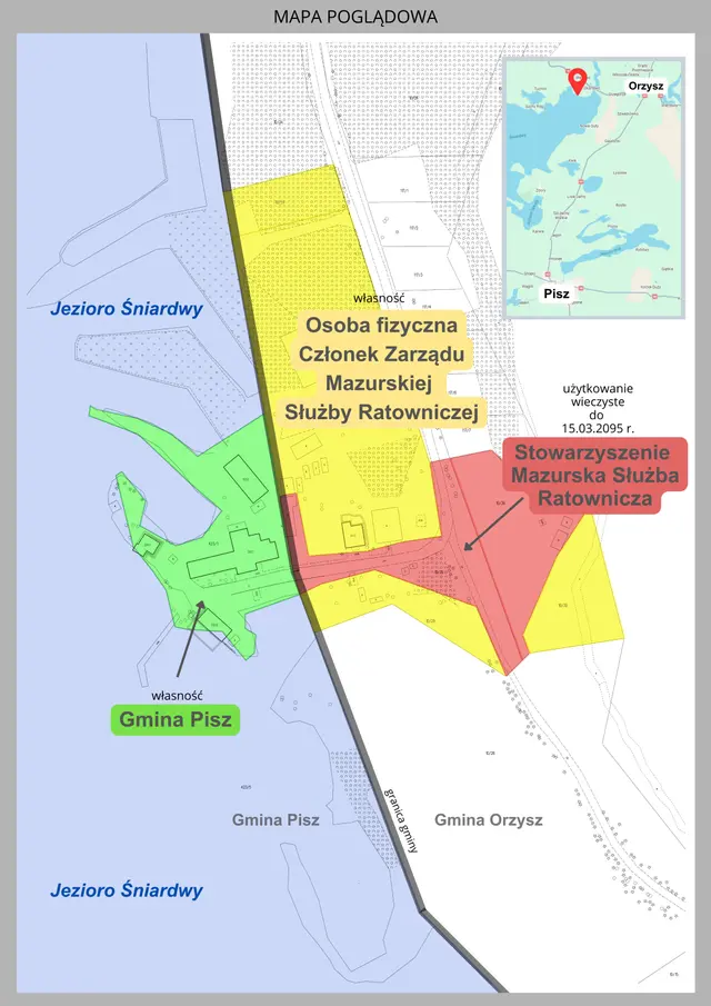 Mapa poglądowa brzegu jeziora Śniardwy z trzema kolorami działek: zieloną gminy Pisz, żółtą osoby fizycznej i czerwoną stowarzyszenia