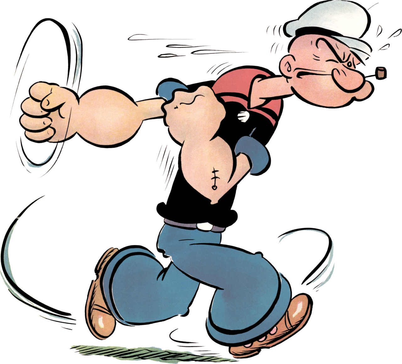 Rysunek marynarza Popeye z fajką i umięśnionym przedramieniem wyprowadzającego cios