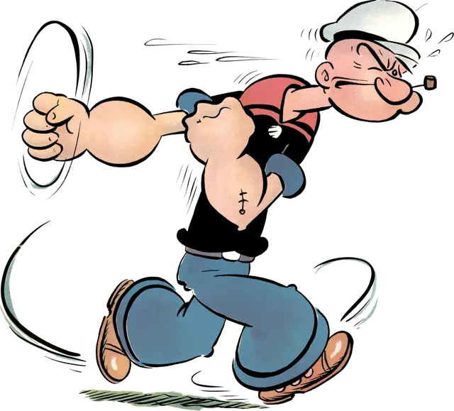 Rysunek marynarza Popeye z fajką i umięśnionym przedramieniem wyprowadzającego cios