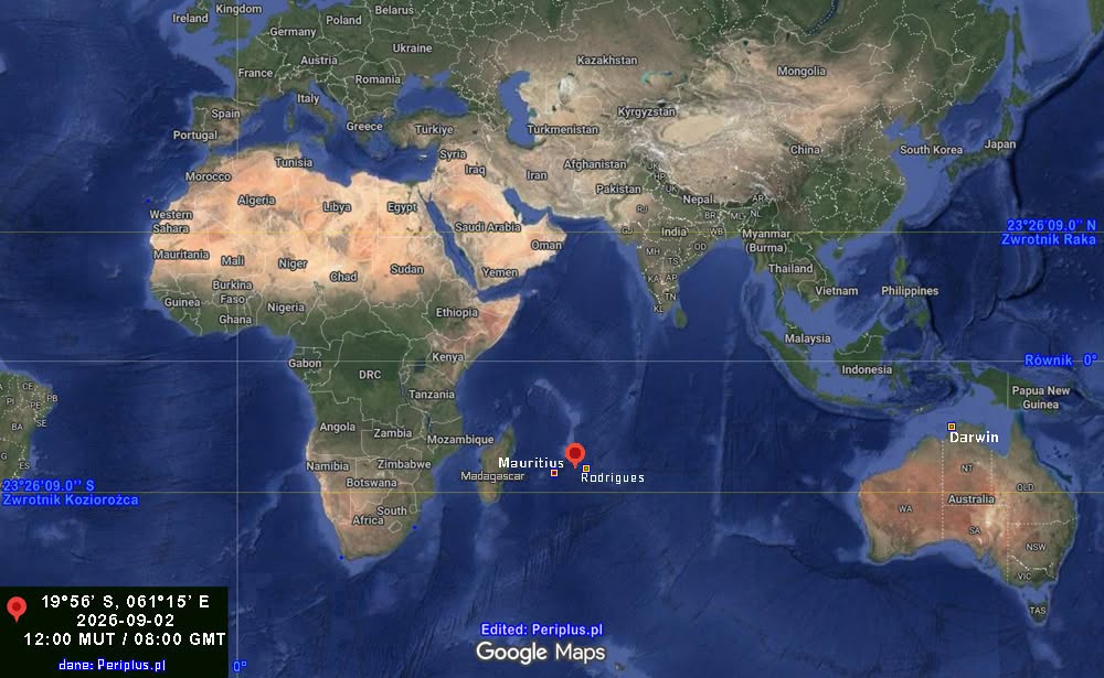 Mapa z pozycją jachtu METEOR na Oceanie Indyjskim 2 września 2026