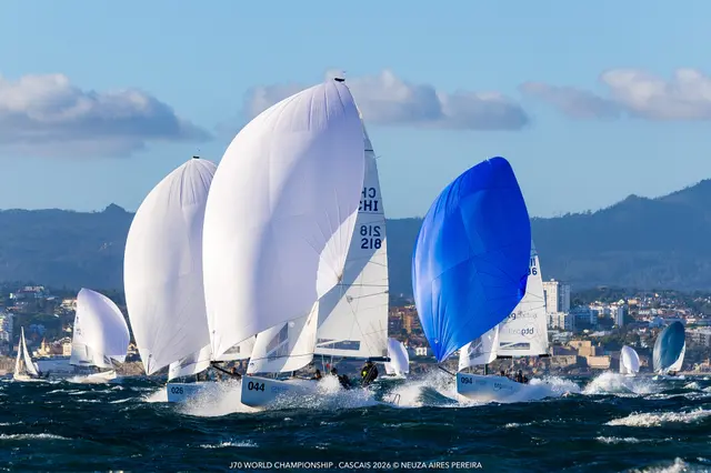 Flota J/70 na kursie z wiatrem z postawionymi spinakerami, w tle wybrzeże Cascais