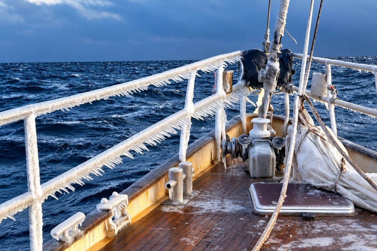 Oblodzony dziób Ocean A po sztormowej fali.