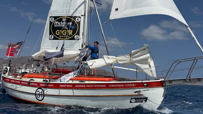 One of three skippers expected to face the worst of the storm. American sailor Gunnar Christensen works at the mast of his Hans Christian 34 cutter POMPOEN during the Lanzarote film drop