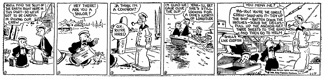 Pasek komiksu Thimble Theatre z pierwszym występem marynarza Popeye w gazecie z 1929 roku