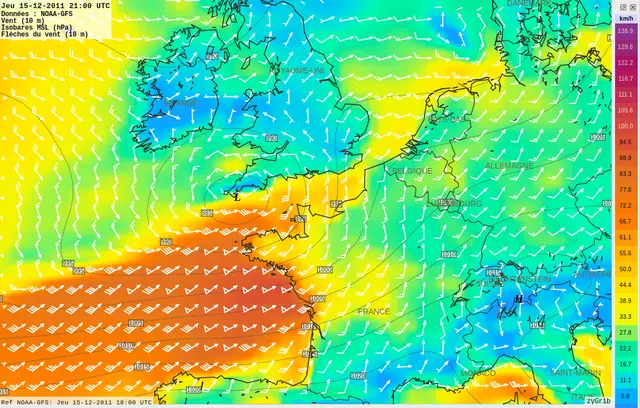Wizualizacja pliku GRIB z modelu NOAA GFS w darmowym programie zyGrib: kolorowa mapa prędkości wiatru, strzałki wiatru i izobary nad zachodnią Europą podczas sztormu Joachim w grudniu 2011