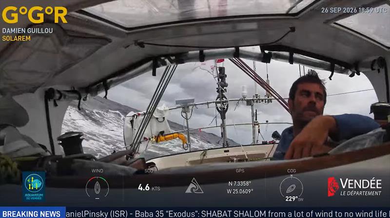 Pushing south aboard SOLAREM. Damien Guillou in cockpit of Rustler 36 during GGR Window LIVE on 26 Sept. That day, he reported sailing close-hauled in 20 – 25 knots, with squalls finally easing, as he & Pat Lawless continued towards southeast trade winds