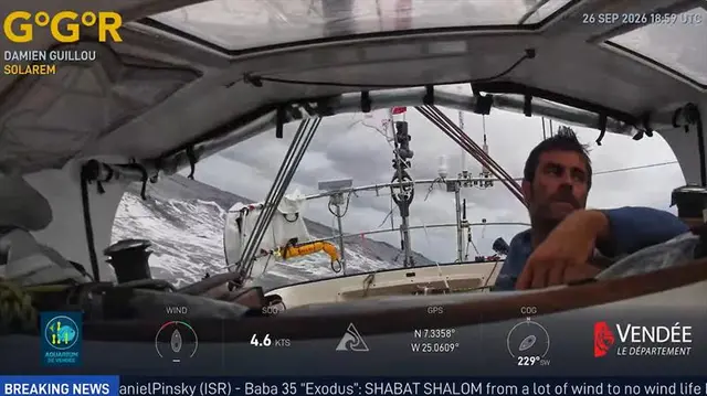 Pushing south aboard SOLAREM. Damien Guillou in cockpit of Rustler 36 during GGR Window LIVE on 26 Sept. That day, he reported sailing close-hauled in 20 – 25 knots, with squalls finally easing, as he & Pat Lawless continued towards southeast trade winds