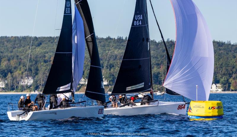 Shiitake (USA864) by Peter Duncan and Straightarrow (USA830) by Chelsea Simms on the Race 10 finish line on Day 4 of the Melges 24 World Championship 2026