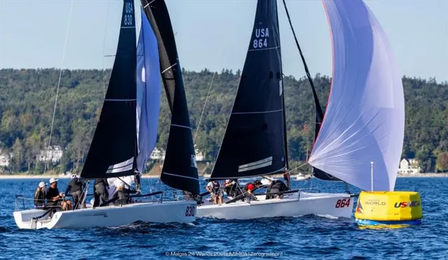 Shiitake (USA864) by Peter Duncan and Straightarrow (USA830) by Chelsea Simms on the Race 10 finish line on Day 4 of the Melges 24 World Championship 2026
