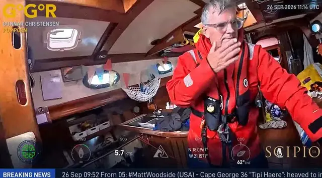 The human face of the challenge. Gunnar Christensen below deck aboard POMPOEN, still wearing his foul-weather gear and lifejacket, during GGR Window LIVE on 26 September. His frank account on 27 Sep of storm reveals emotional demands behind fleet's tracks