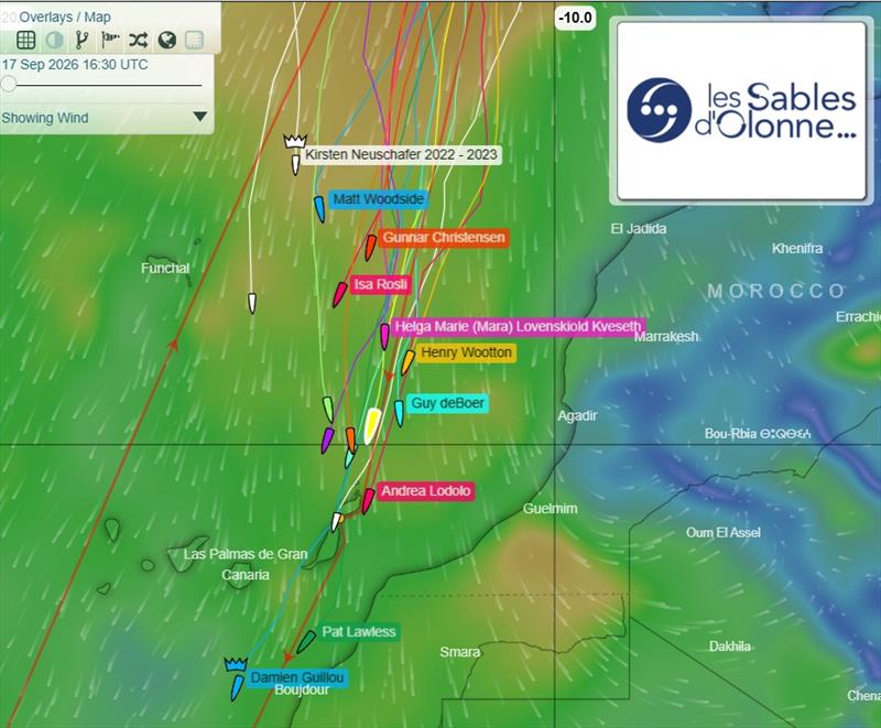 The leaders push south as the chasing fleet closes on Lanzarote. The GGR2026 tracker at 16:30 UTC on 17 September shows Damien Guillou and Pat Lawless beyond the first film gate, with the fleet stretched northwards towards Madeira