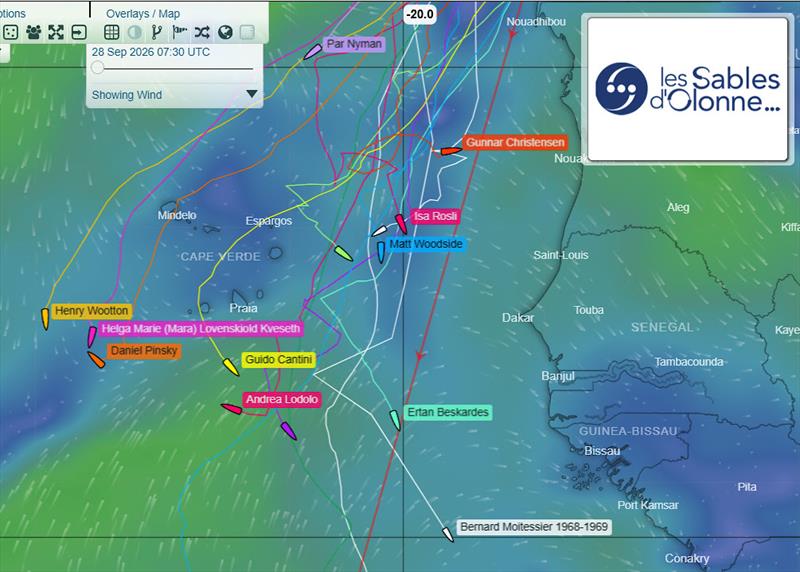 The storm's aftermath written in the tracks. This tracker view, displaying wind conditions for 07:30 UTC on 28 September, shows the fleet spread around Cabo Verde and off West Africa, with tangled tracks illustrating the difficult passage