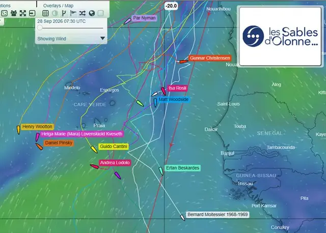 The storm's aftermath written in the tracks. This tracker view, displaying wind conditions for 07:30 UTC on 28 September, shows the fleet spread around Cabo Verde and off West Africa, with tangled tracks illustrating the difficult passage