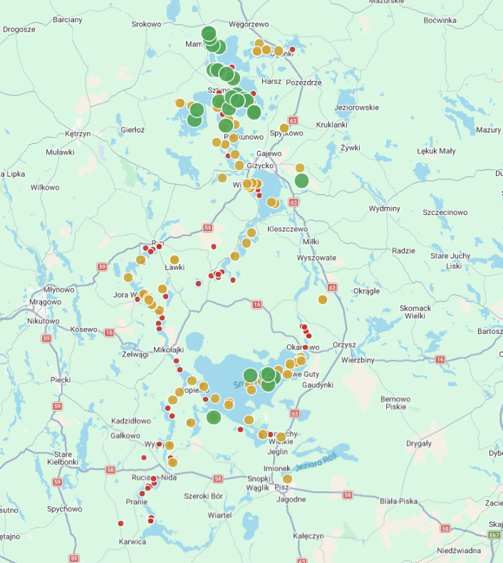 Mapa z rozmieszczeniem pomiarów przejrzystości wody na jeziorach mazurskich w 2026 roku