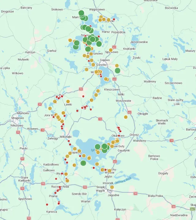 Mapa z rozmieszczeniem pomiarów przejrzystości wody na jeziorach mazurskich w 2026 roku